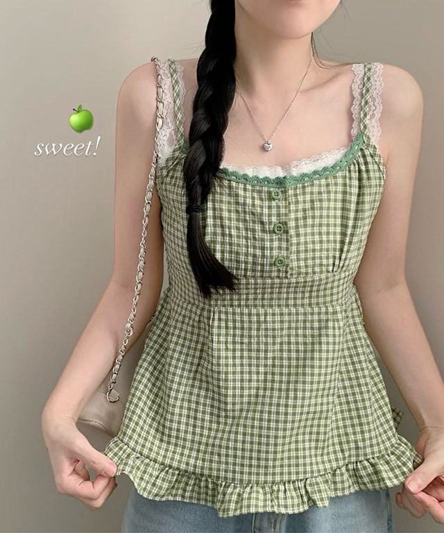 (3color)レイヤード風レースチェック柄キャミソールブラウス