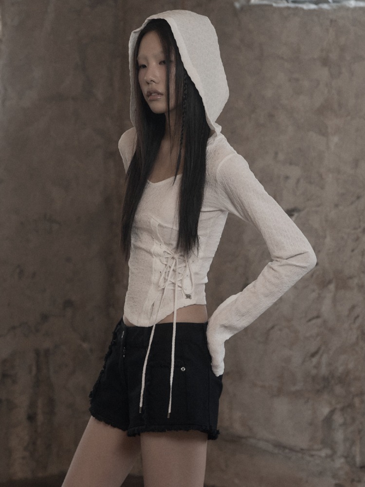 [mnem] Diamond Neck Corset Hoodie (white)
