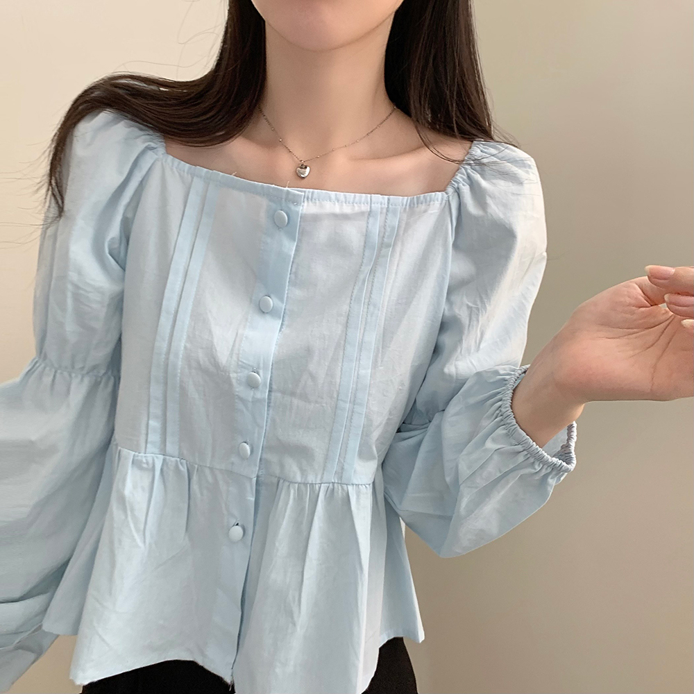 タック入りスクエアネック長袖ブラウス(4color)