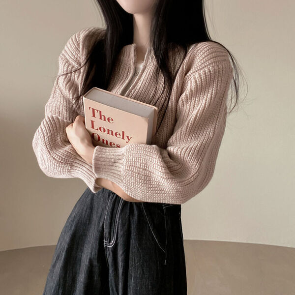 4カラー)クロップド透かし編長袖パーカーニットカーディガン