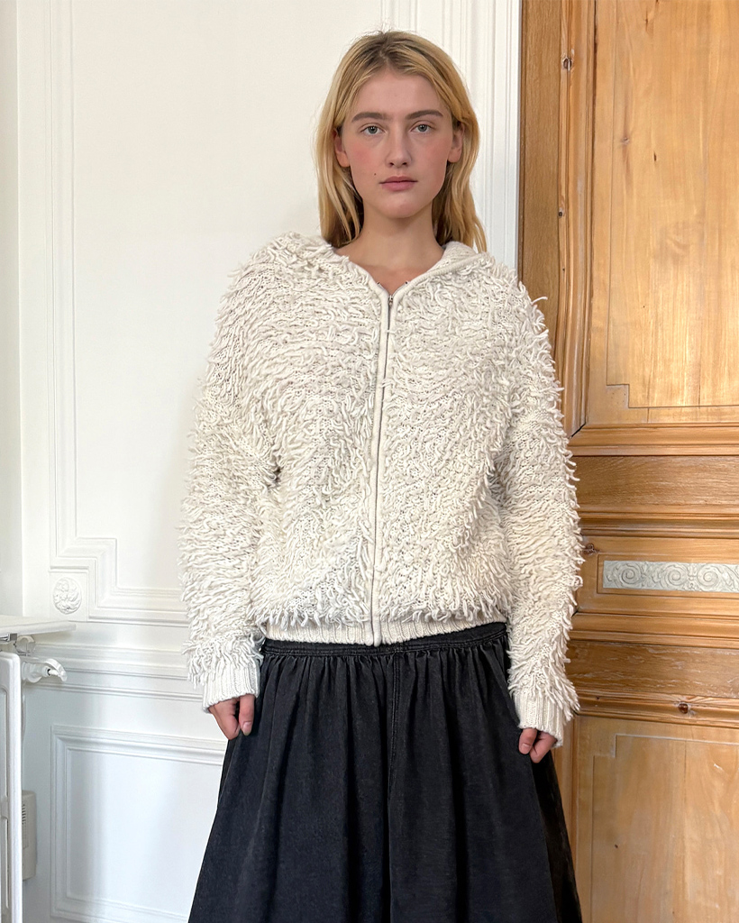 Sinoon Fringe Hooded Knit Zip-up (Ivory)