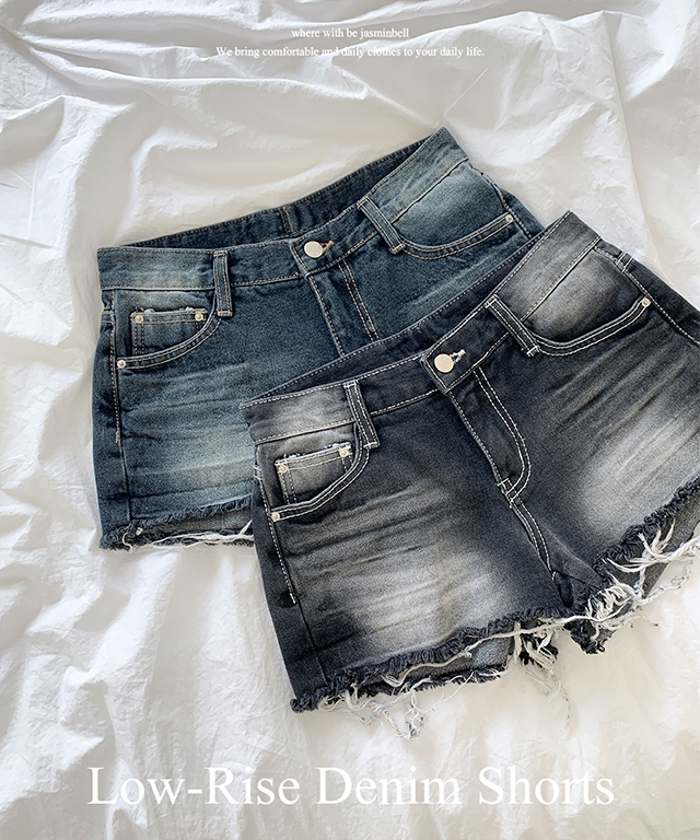 D QOST3N 069ZU デニムショートパンツ 34 ローライズウォッシュカット入りデニムショートパンツ