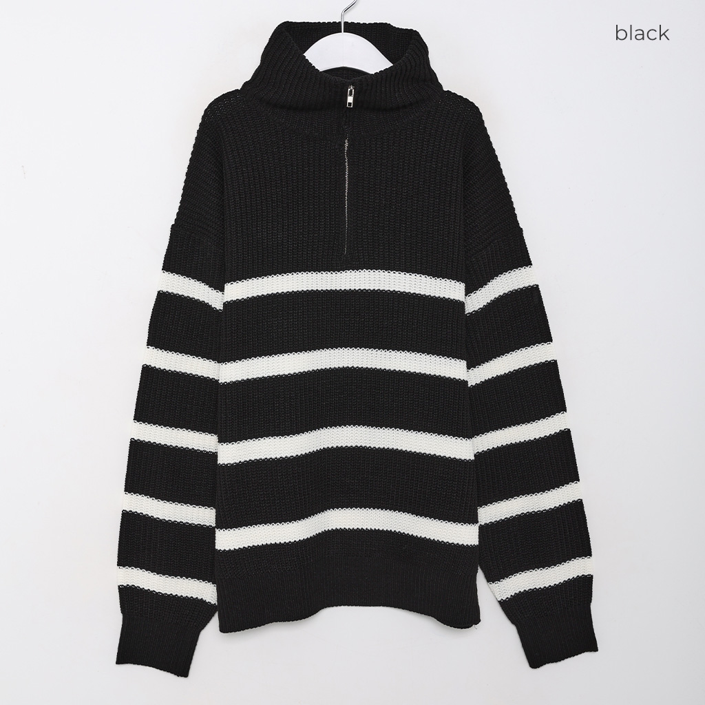 新品 ラッセルノ ジップアップニットフーディー (4/M) Ⓗ ユニセックスストライプハーフジップアップニット