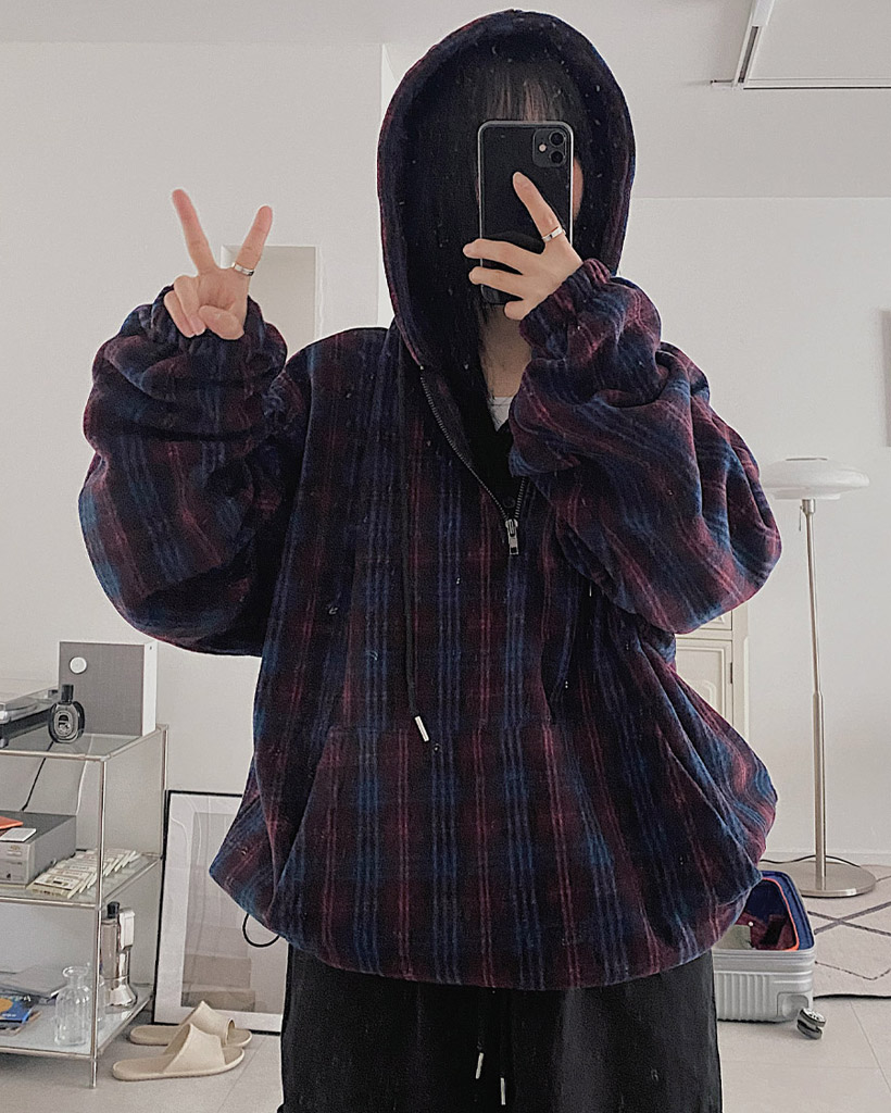 2color)オーバーサイズチェックフリースハーフジップ | ファッション