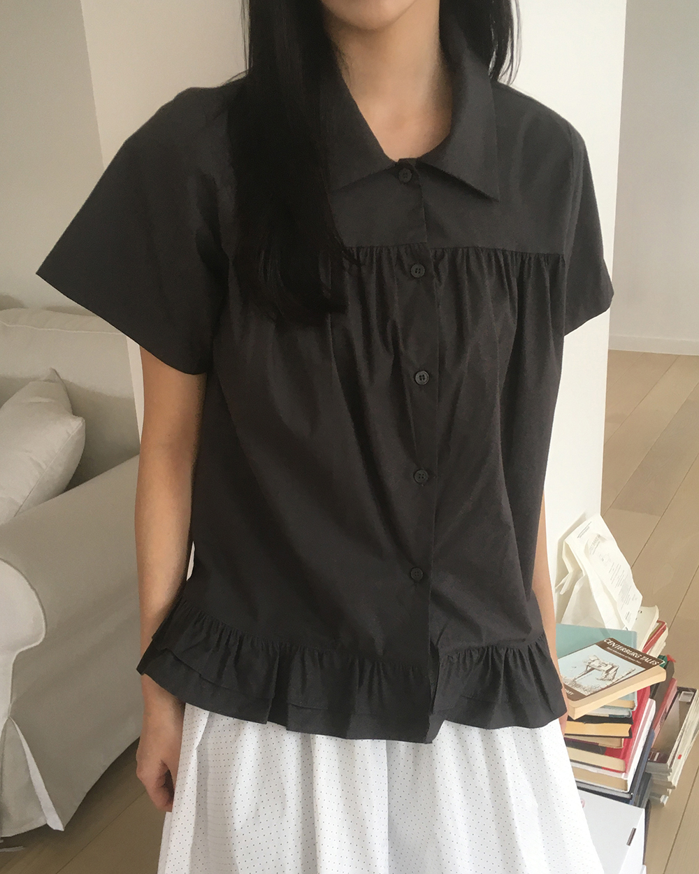 papier ダークグレー フリル 半袖トップス papier ダークグレー フリル 半袖トップス