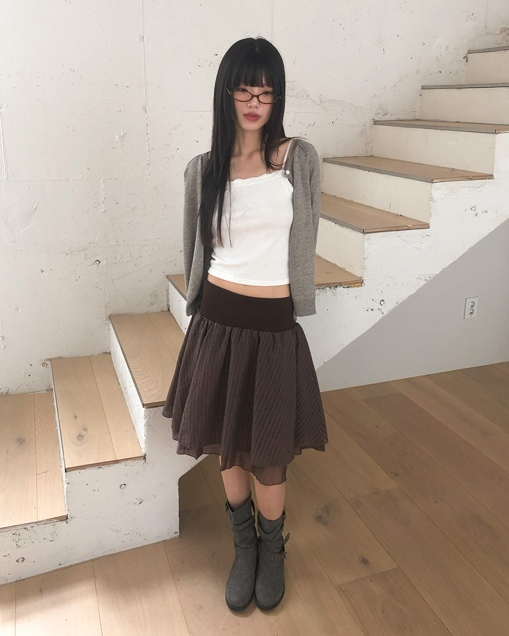 ストライプ ボーダーシフォンミドル丈2重フレアスカート