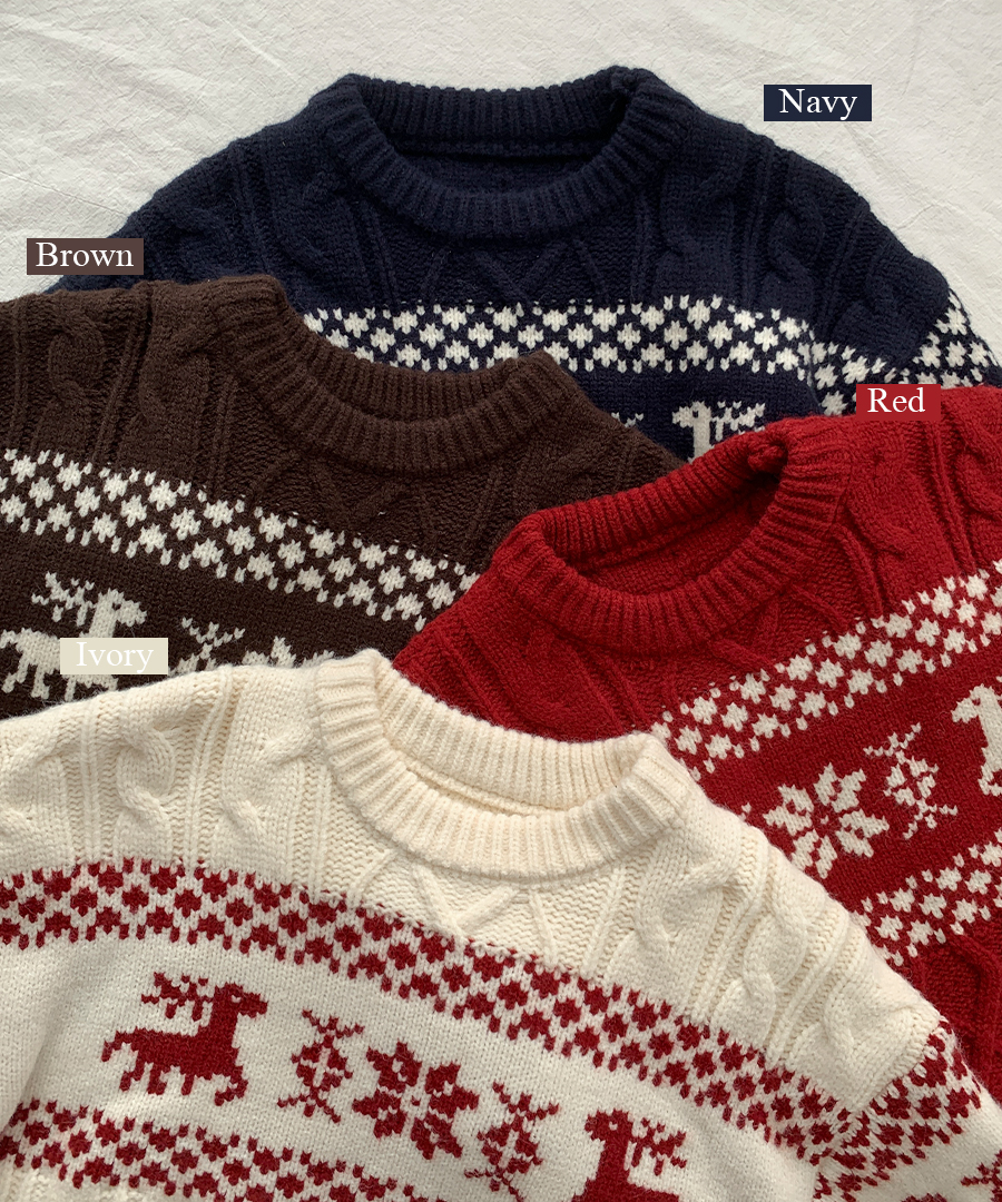 ラウンドノルディック柄ツイストケーブルオーバーサイズニット