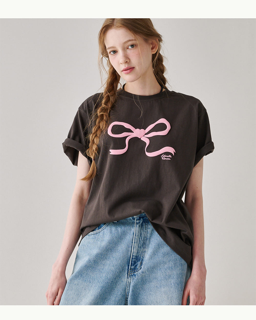 Tシャツ・カットソー RONRON EMBO HEART RIBBON BASIC FIT LONG SLEEVE CHARCOAL RONRON EMBO HEART RIBBON BASIC FIT LONG SLEEVE 3color