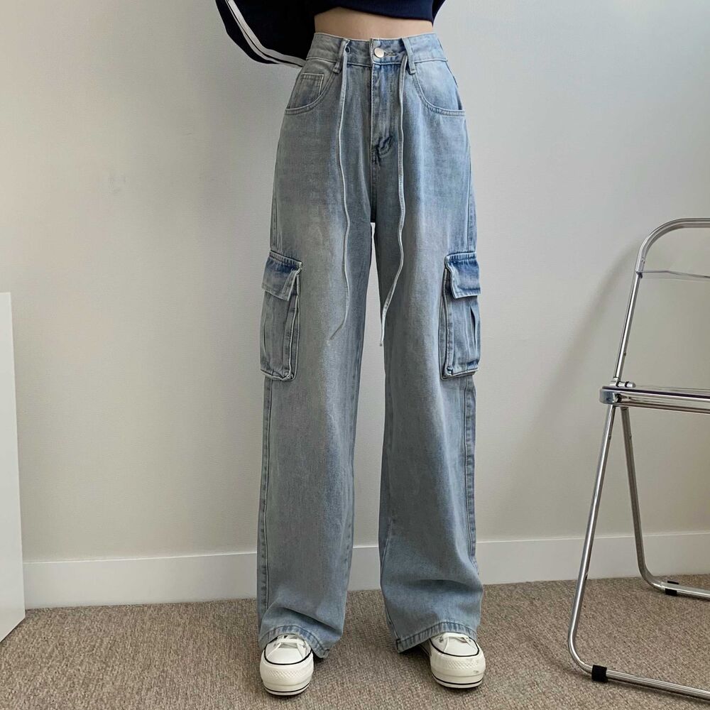 ハイウエストストリングカーゴウォッシュロングワイドデニムパンツ