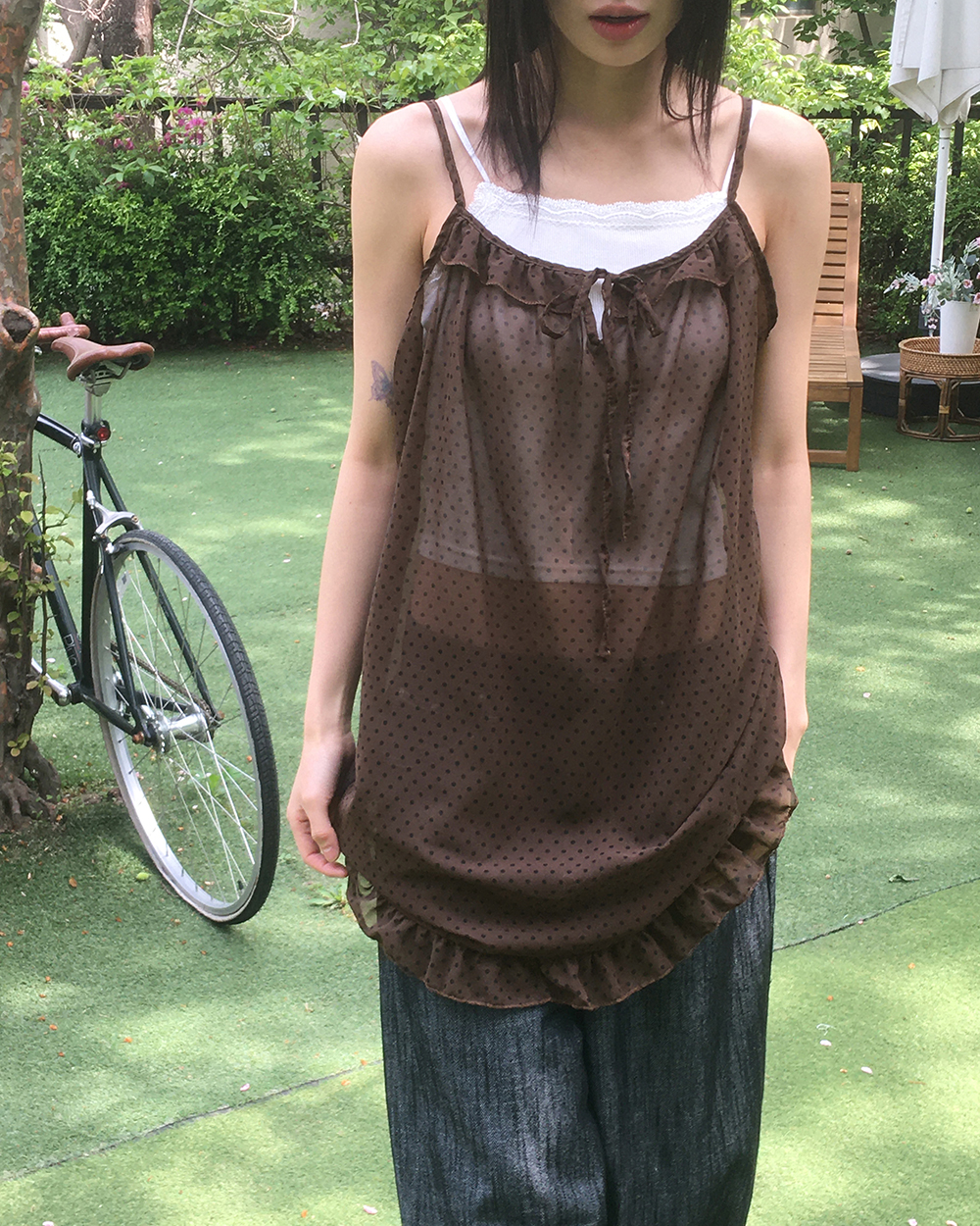 original]ドットフリルシースルーレイヤードキャミワンピース