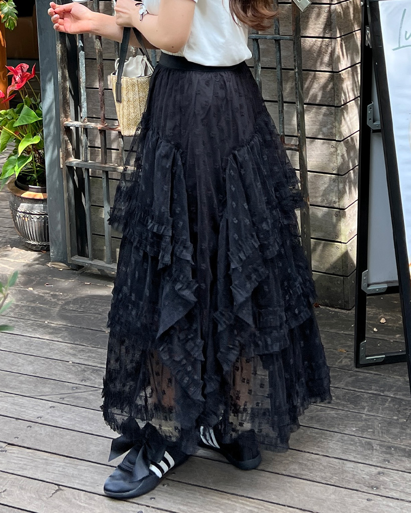 ネイビー フリル付きロングスカート テディショップ Teddyshop レディース デニム風ドラマティック