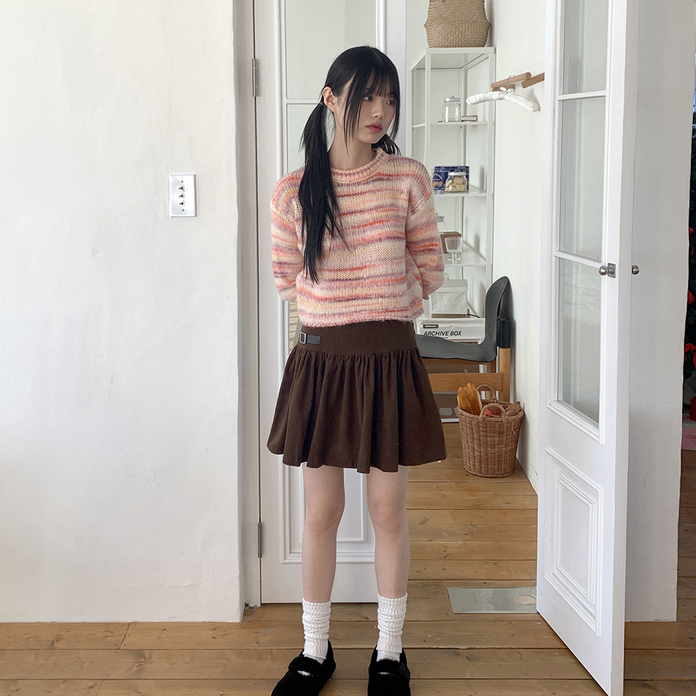 ウールミックスストライプ配色クロップド長袖ニット