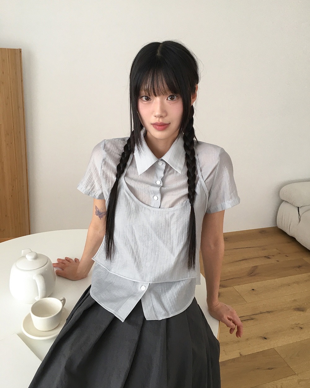 TELOPLAN レイヤードシャツ レイヤードSET]シースルーレイヤードノースリーブシャツ