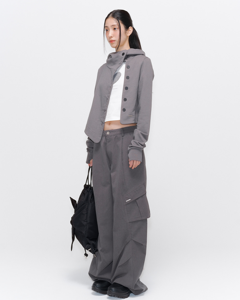 Influencer pick] Cowl neck botton hoodie DARK GREY