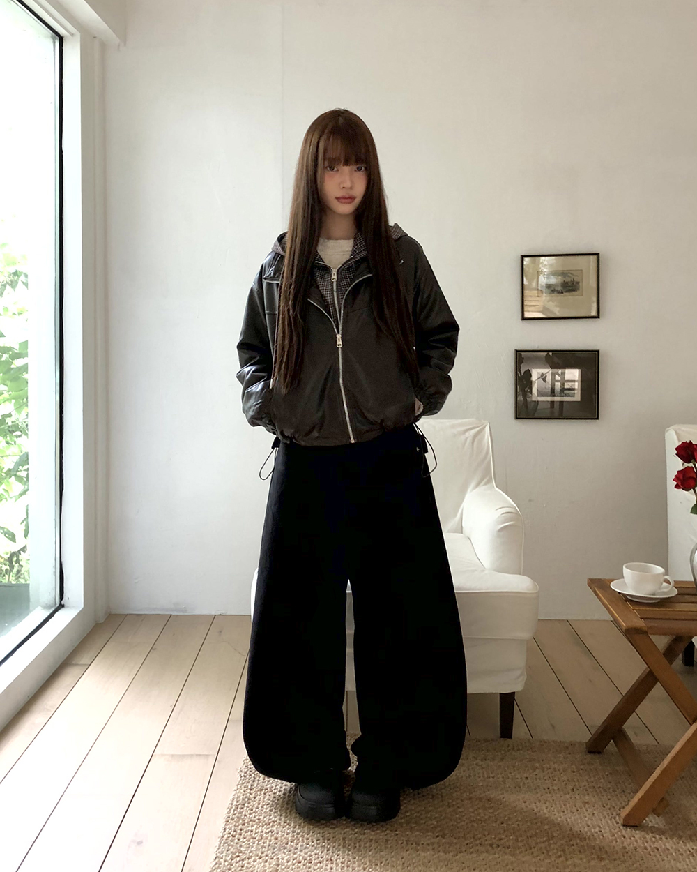 チェックストリングフード付きパーカー | ファッション通販