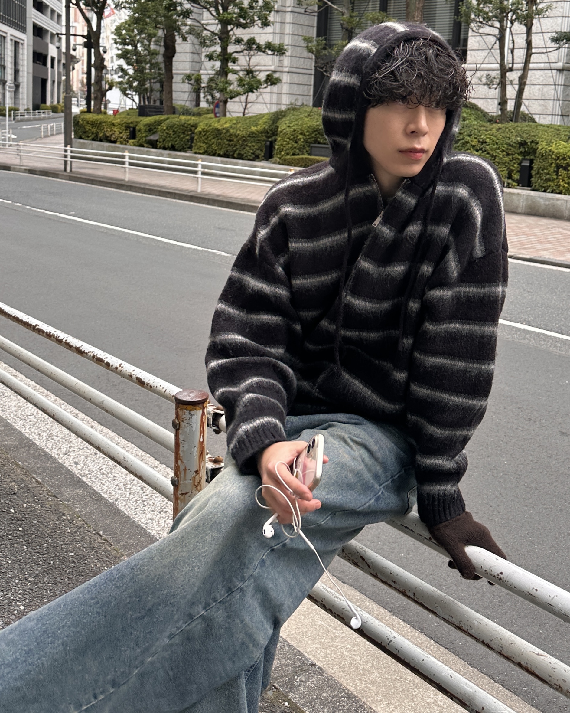 2wayモヘアボーダーフードカーディガン