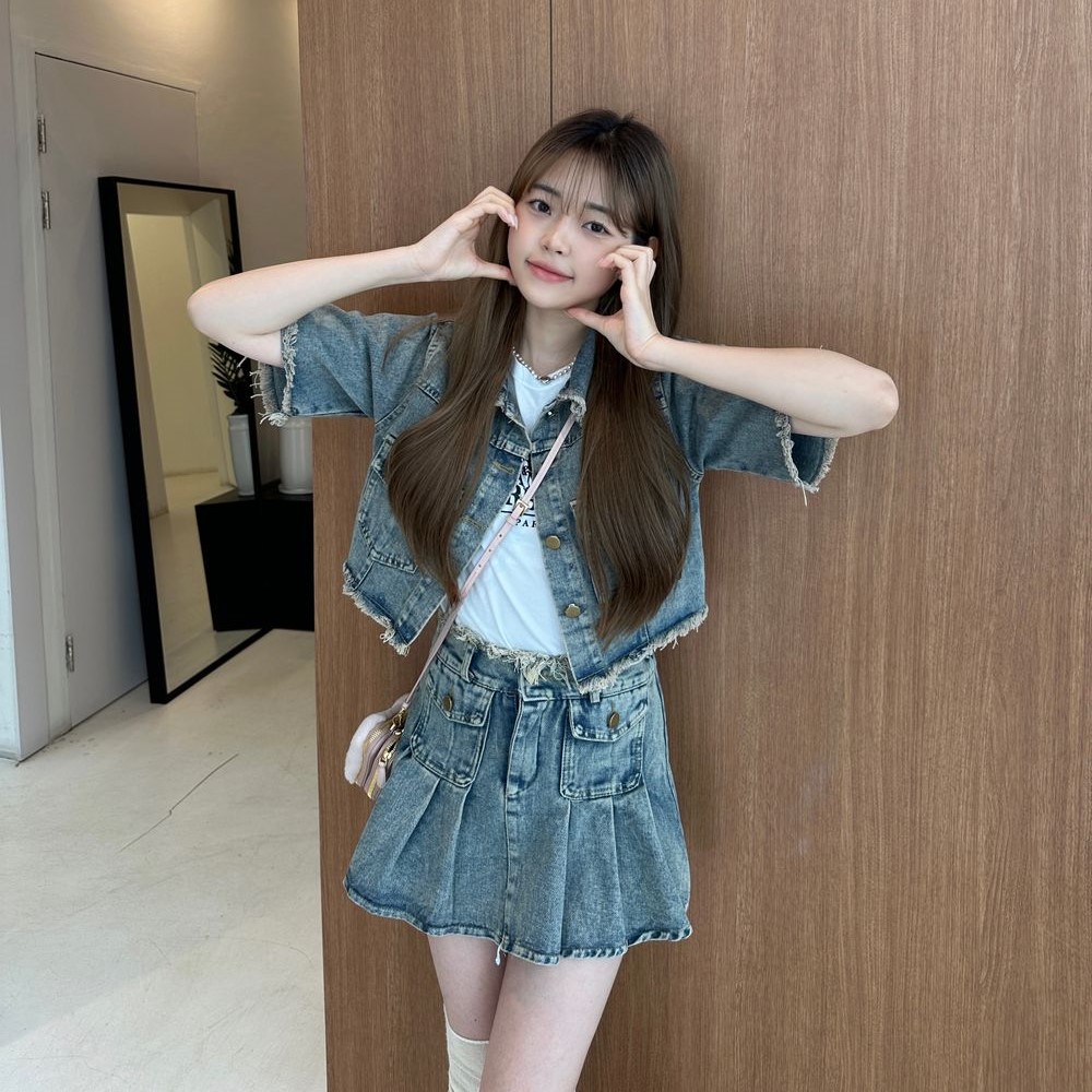 SET] デニムクロップドジャケット＋ミニスカートセット