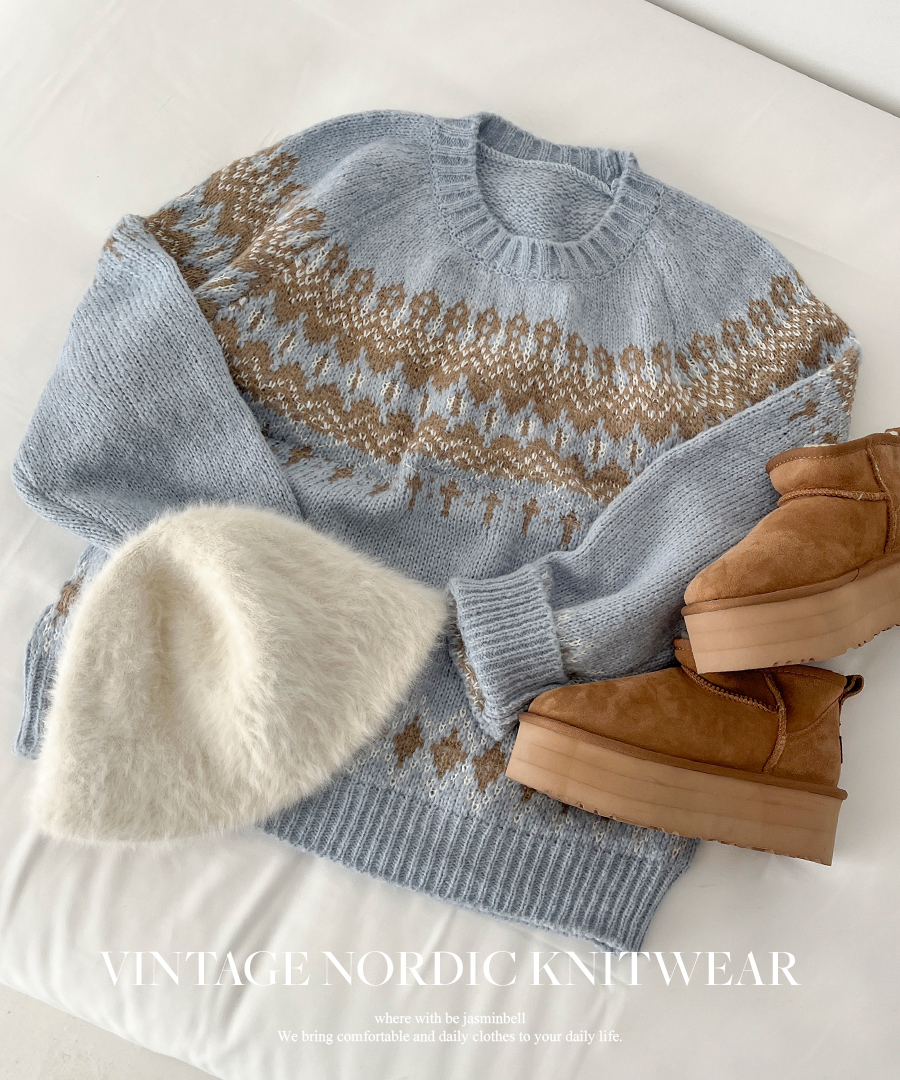 ヴィンテージアクリルジャガードノルディック柄長袖ニット