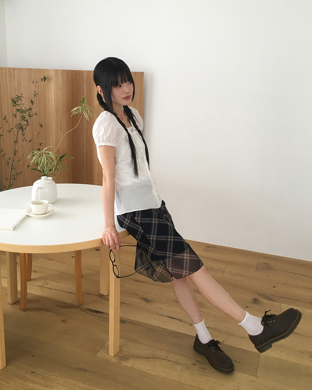 チェックシフォンレースリボンミドル丈スカート | ファッション