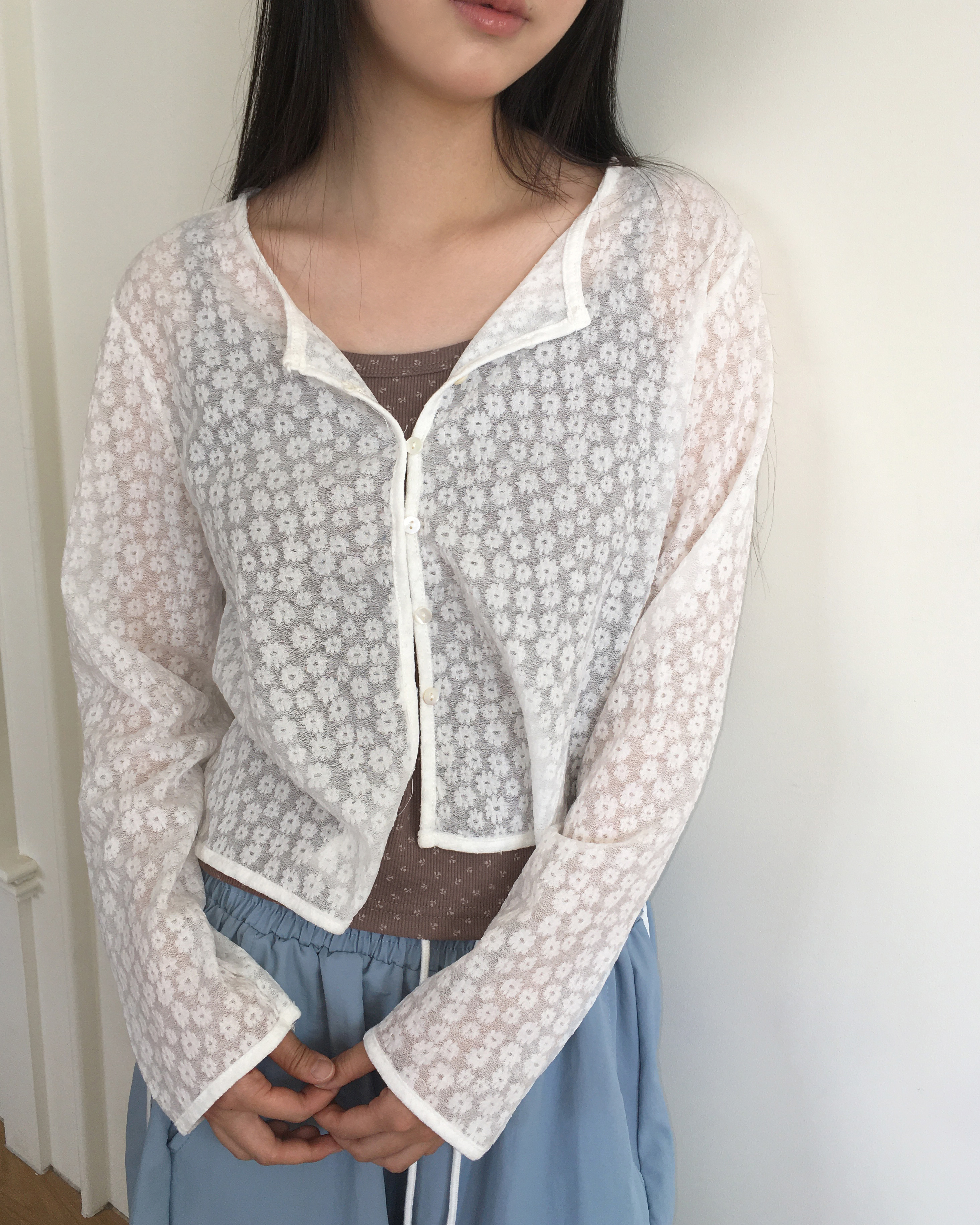 フラワーシースルーボタンカーディガン | ファッション通販