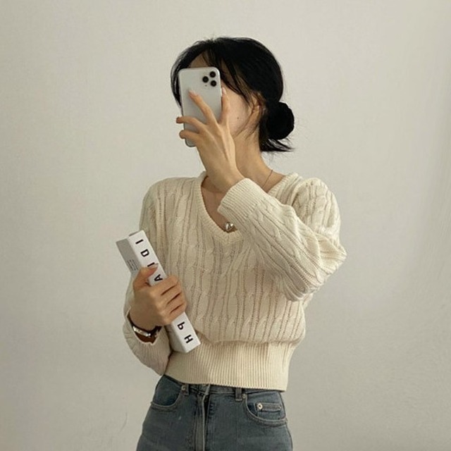 [11color]Vネックケーブルツイストニット