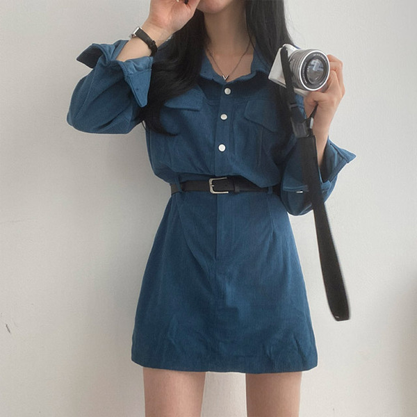 3color/ベルトset] コーデュロイ シャツ ワンピース