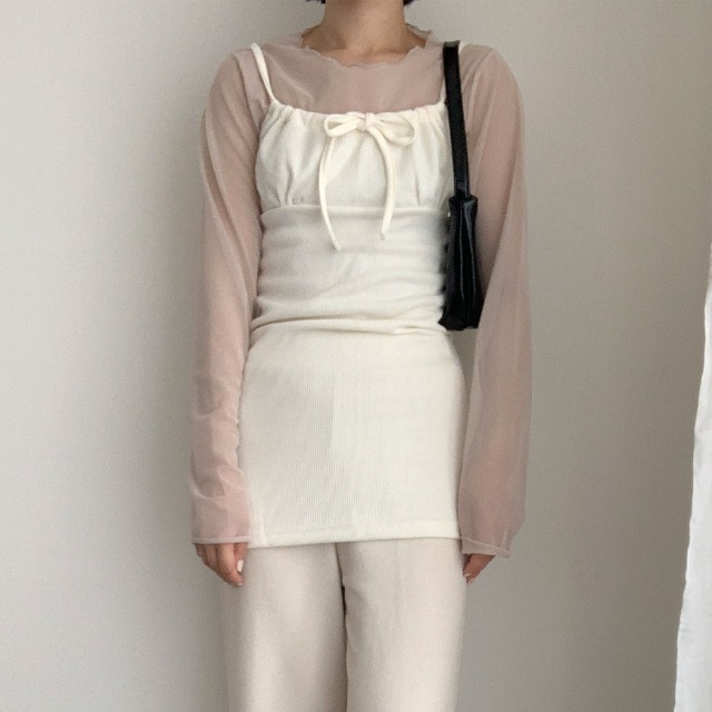 リボンストラップレイヤードミニワンピース