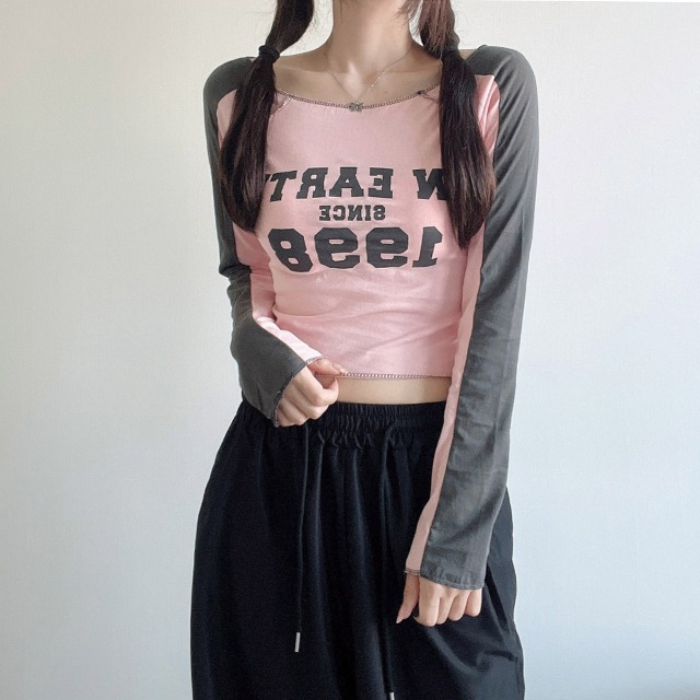 配色セミクロップドストリートY2K長袖Tシャツ | ファッション