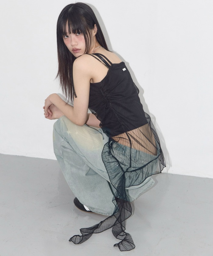 LACE SHIRRING LAYERED DRESS (BLACK) F25QD815