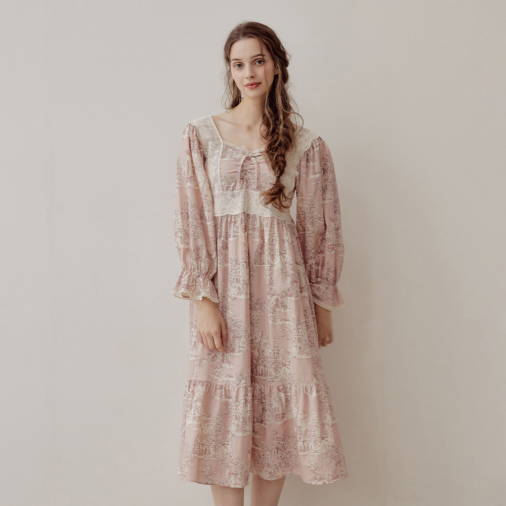 レディース マデル スクエアネック 長袖ワンピース