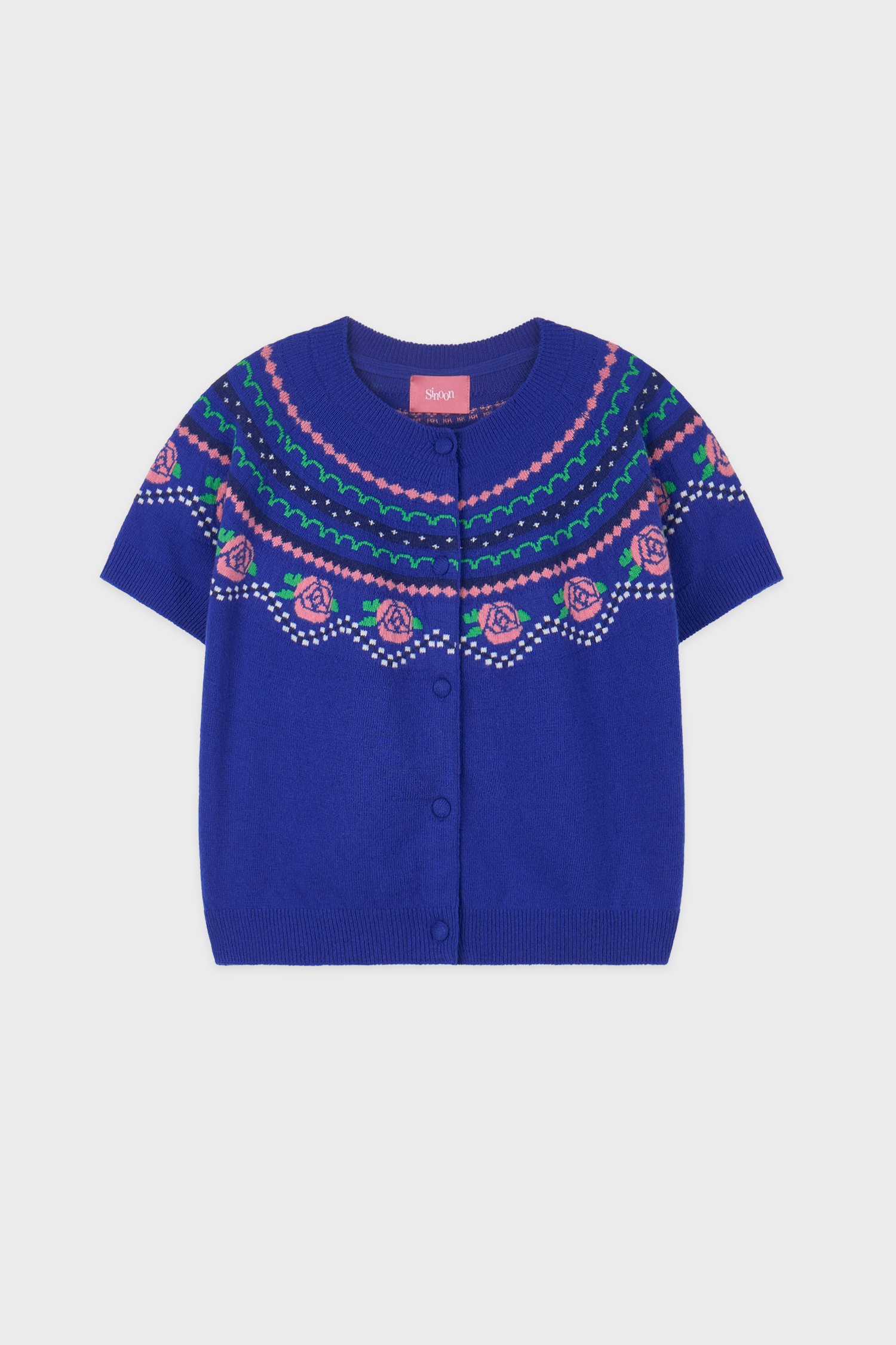 Rose Jacquard Short-Sleeve Cardigan (Blue)