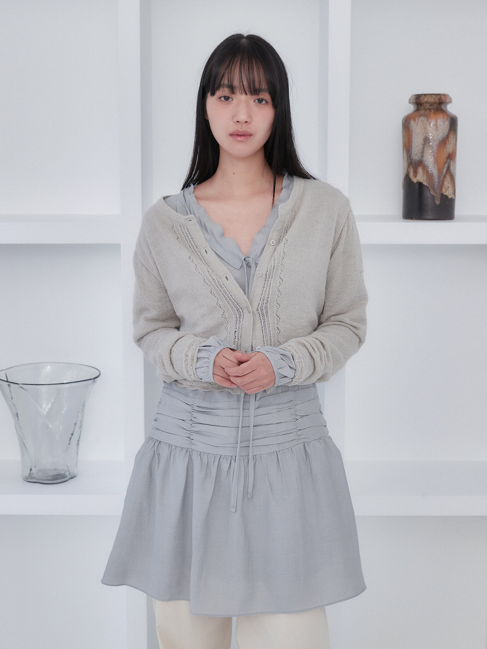 RIBBON SHIRRING ONE PIECE DRESS [ PALE BLUE ]