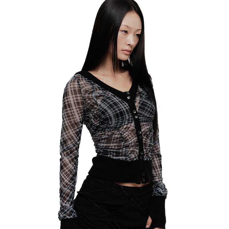 VIKA PLAID MESH CARDIGAN (BLACK)
