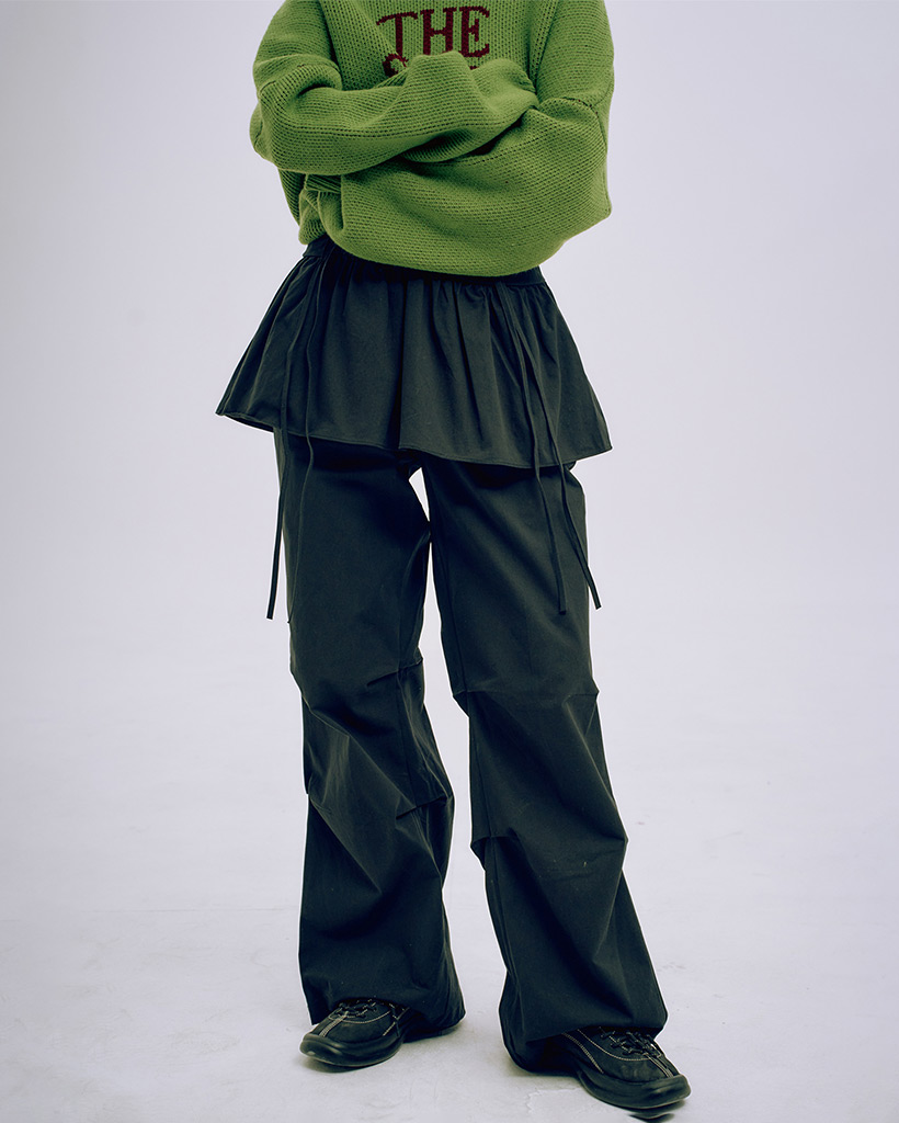 レイヤードプリーツミニスカートストリングパンツコットンセット[ブラック]