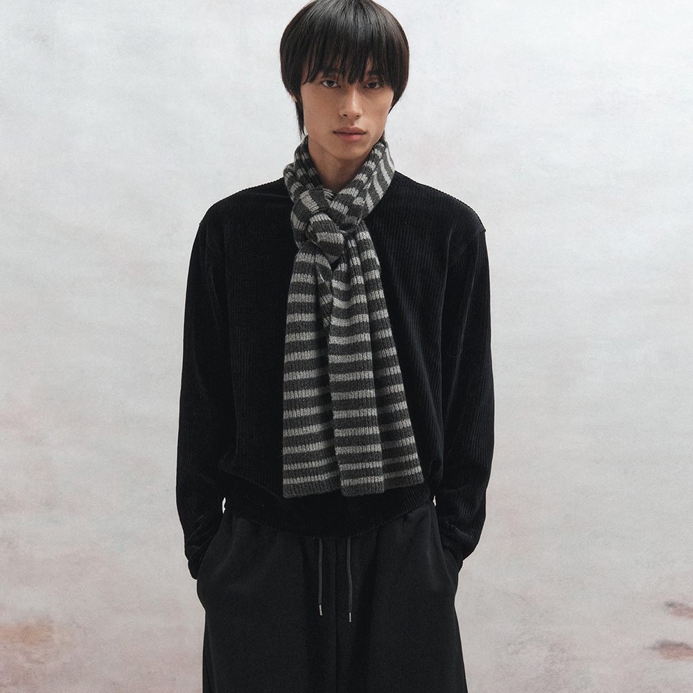 [BU25WAC01-BK] Wool Striped Long Muffler (Black)