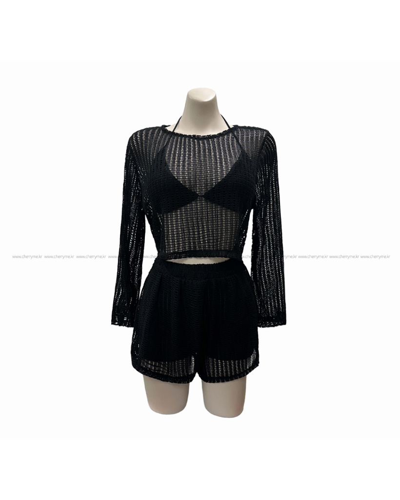 ALL SET]シンプルホルターネックビキニ＋ネットニット/ショットパンツ