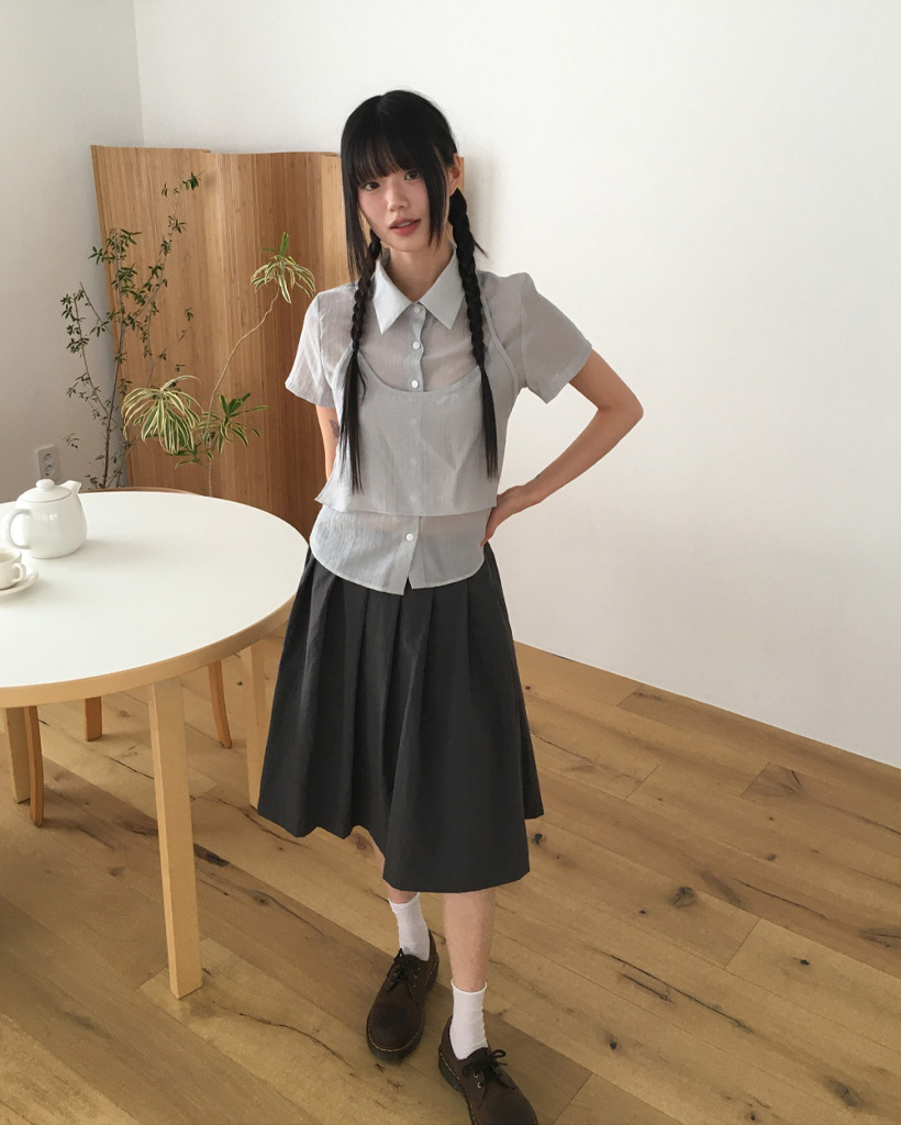 レイヤードSET]シースルーレイヤードノースリーブシャツ