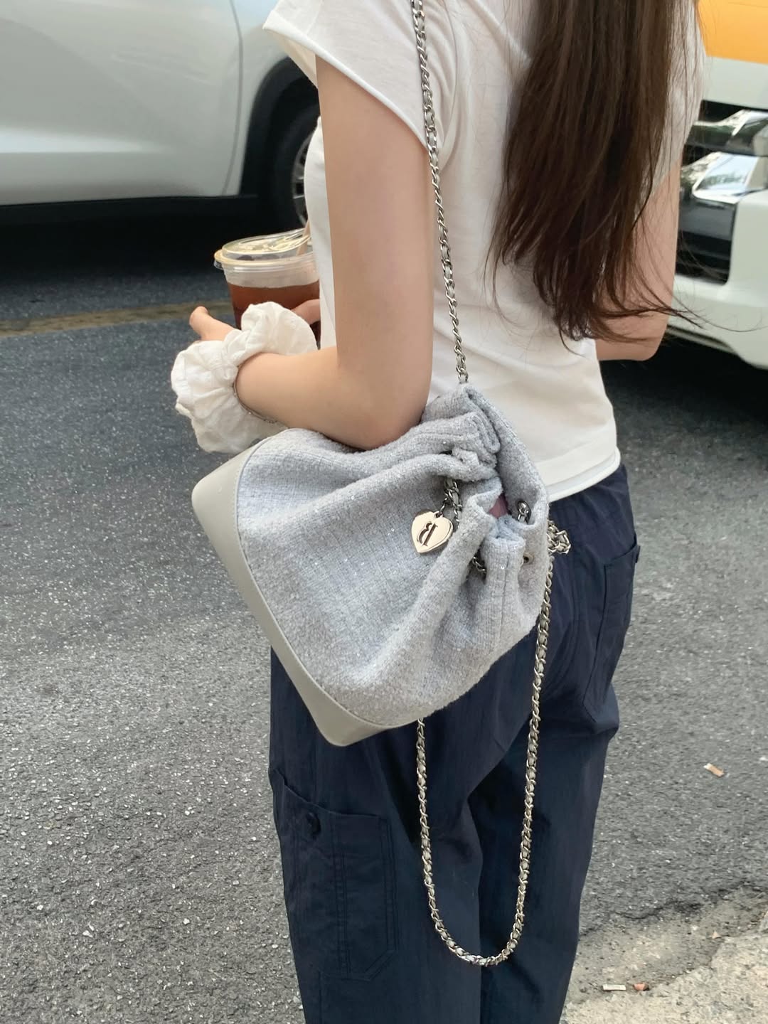 Tweed Drawstring Chain Backpack_Mint