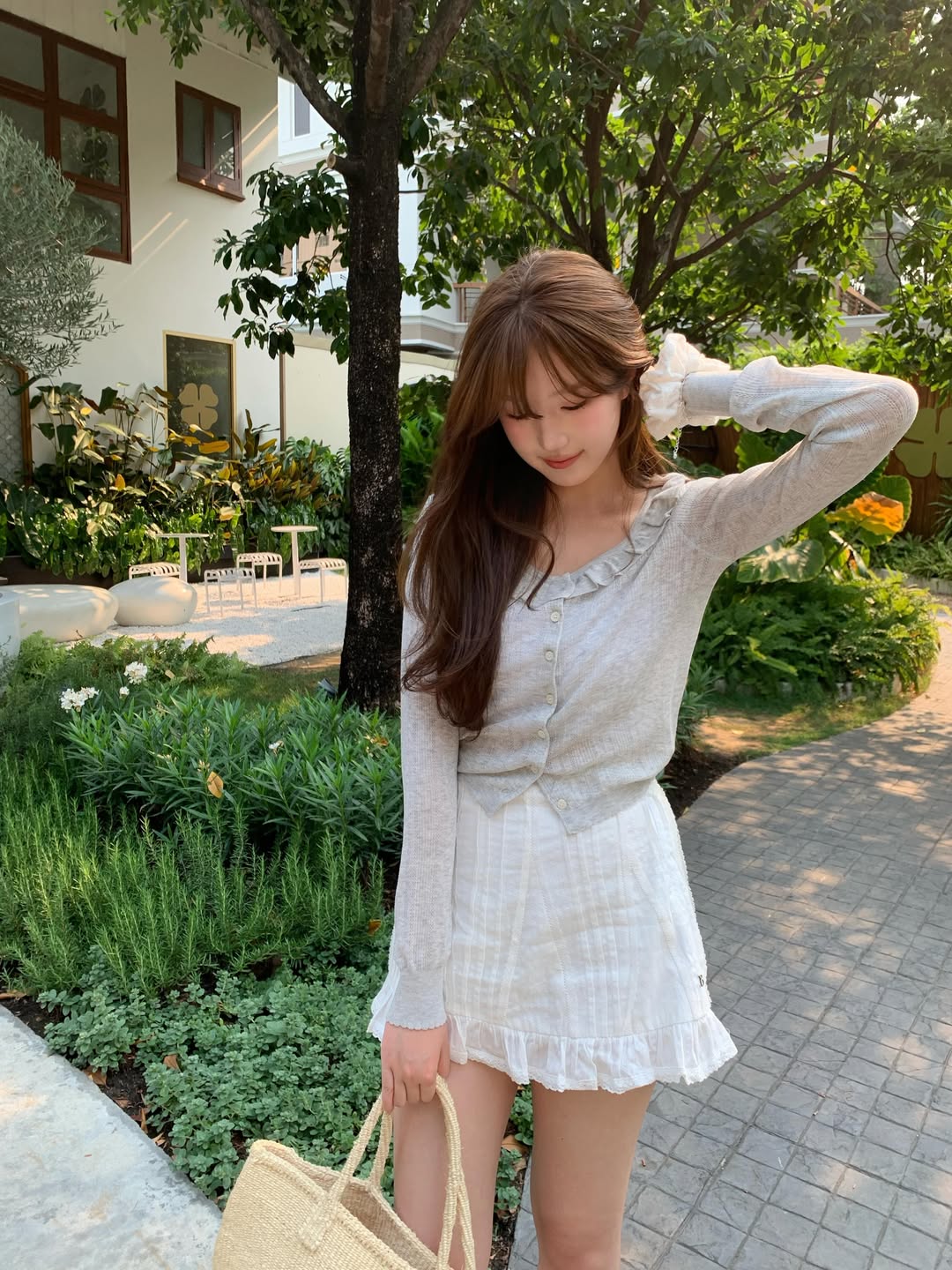 Sia Ruffle Pointelle Cardigan_Light Grey