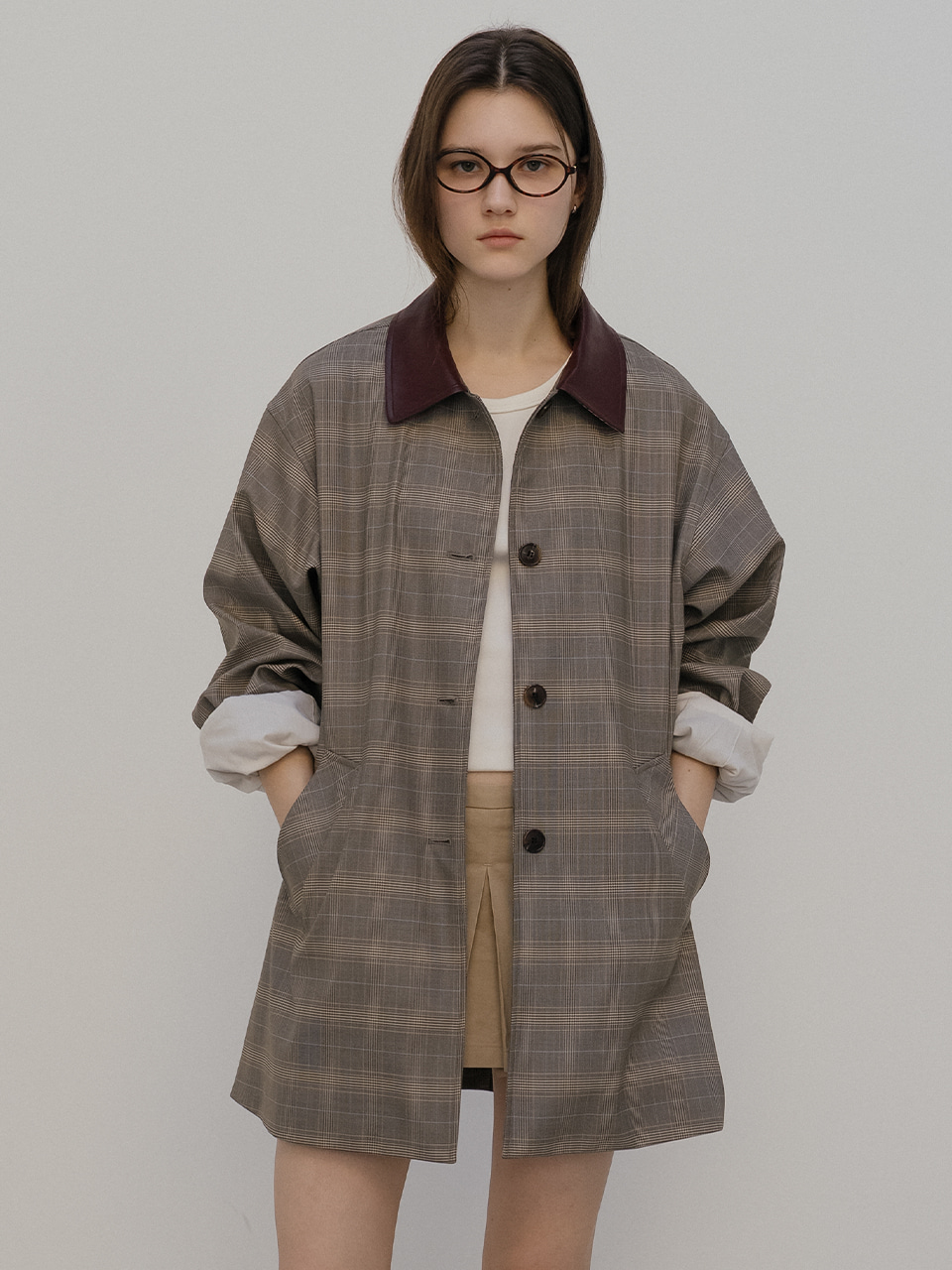 Leather point check trench coat [TISP05CT04]_Brown