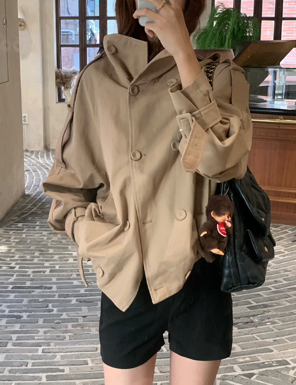 ハイネックダブルボタンショートトレンチジャケット | ファッション