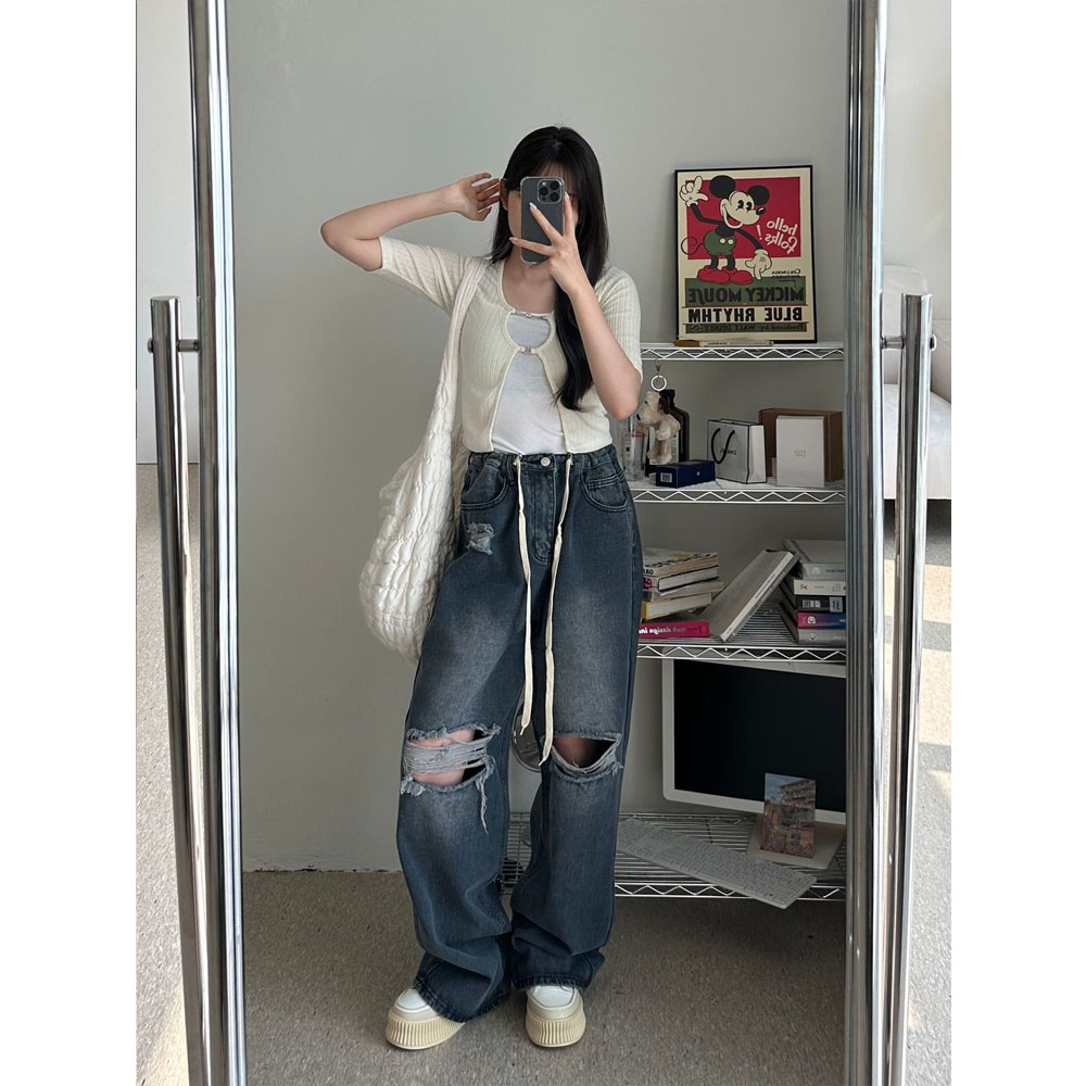 ストリングワイドダメージデニムパンツ | ファッション通販