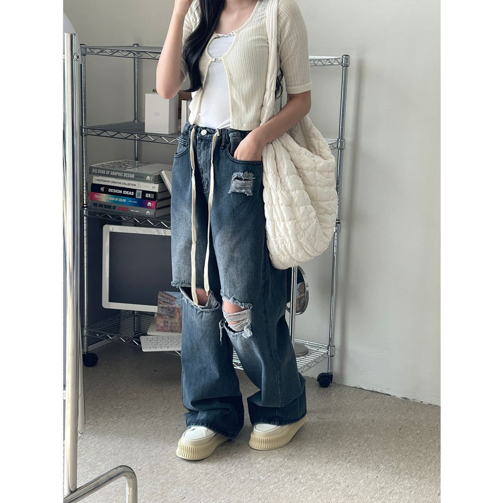 ストリングワイドダメージデニムパンツ | ファッション通販