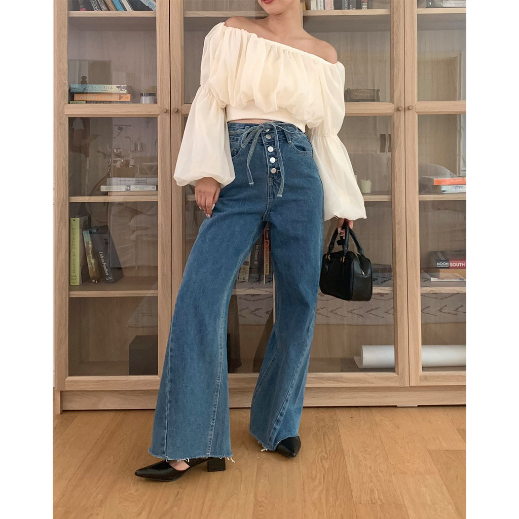 カットオフ ワイドデニム ストリート ジーンズ 穴あき hr8984 2color ／4size 】カットアウトダブルハイウエストワイド