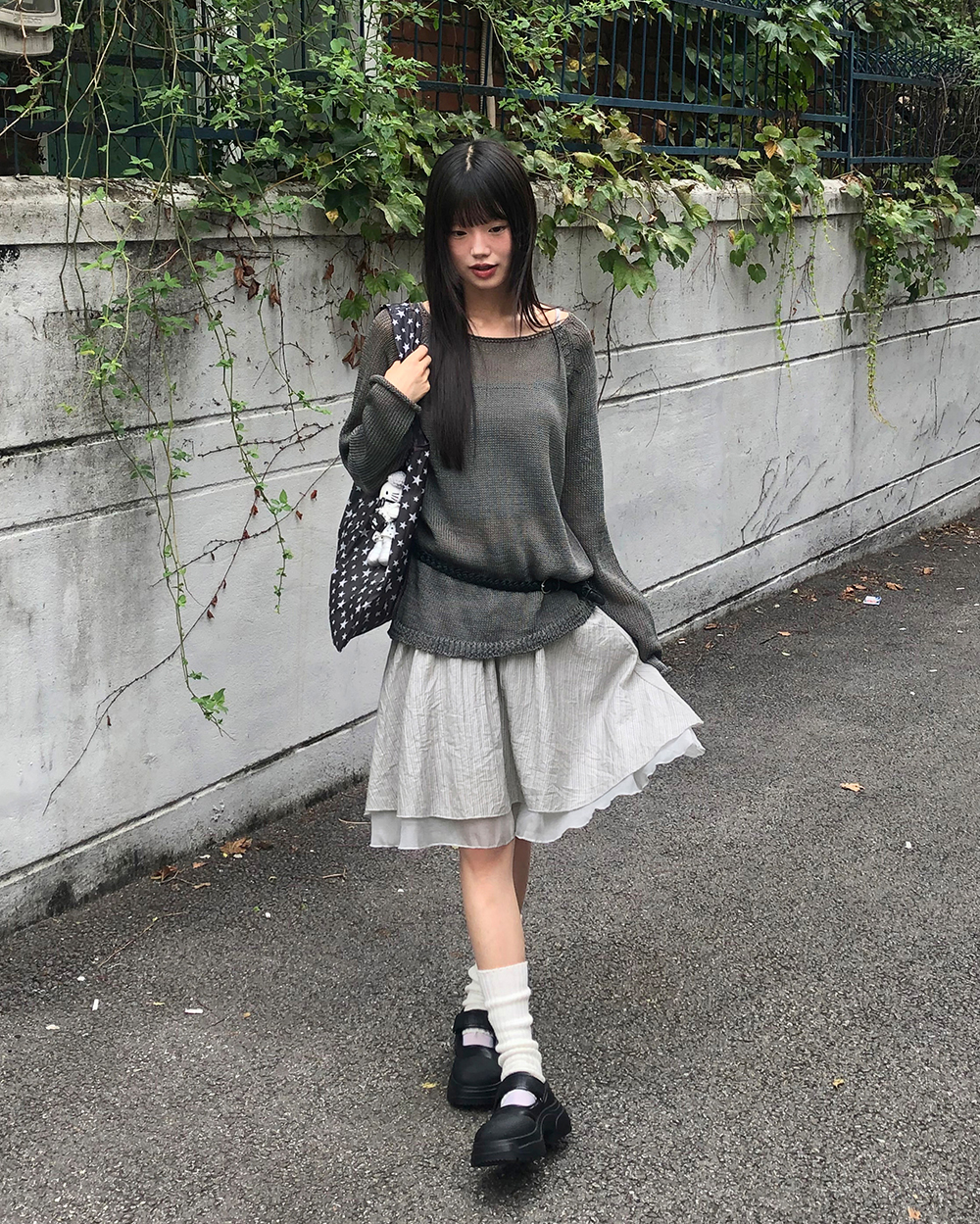 original]ストライプシフォンミドル丈2重フレアスカート