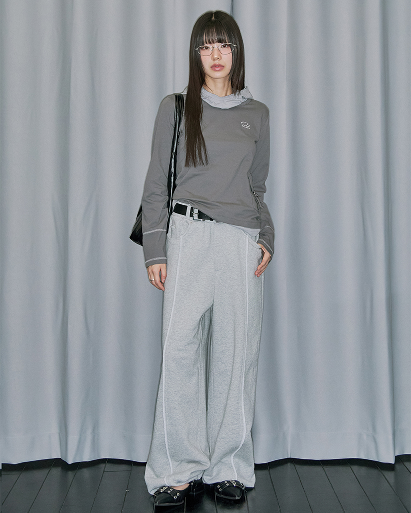 Cover Stitch Belt Wide Sweat Pants - MELANGE GRAY