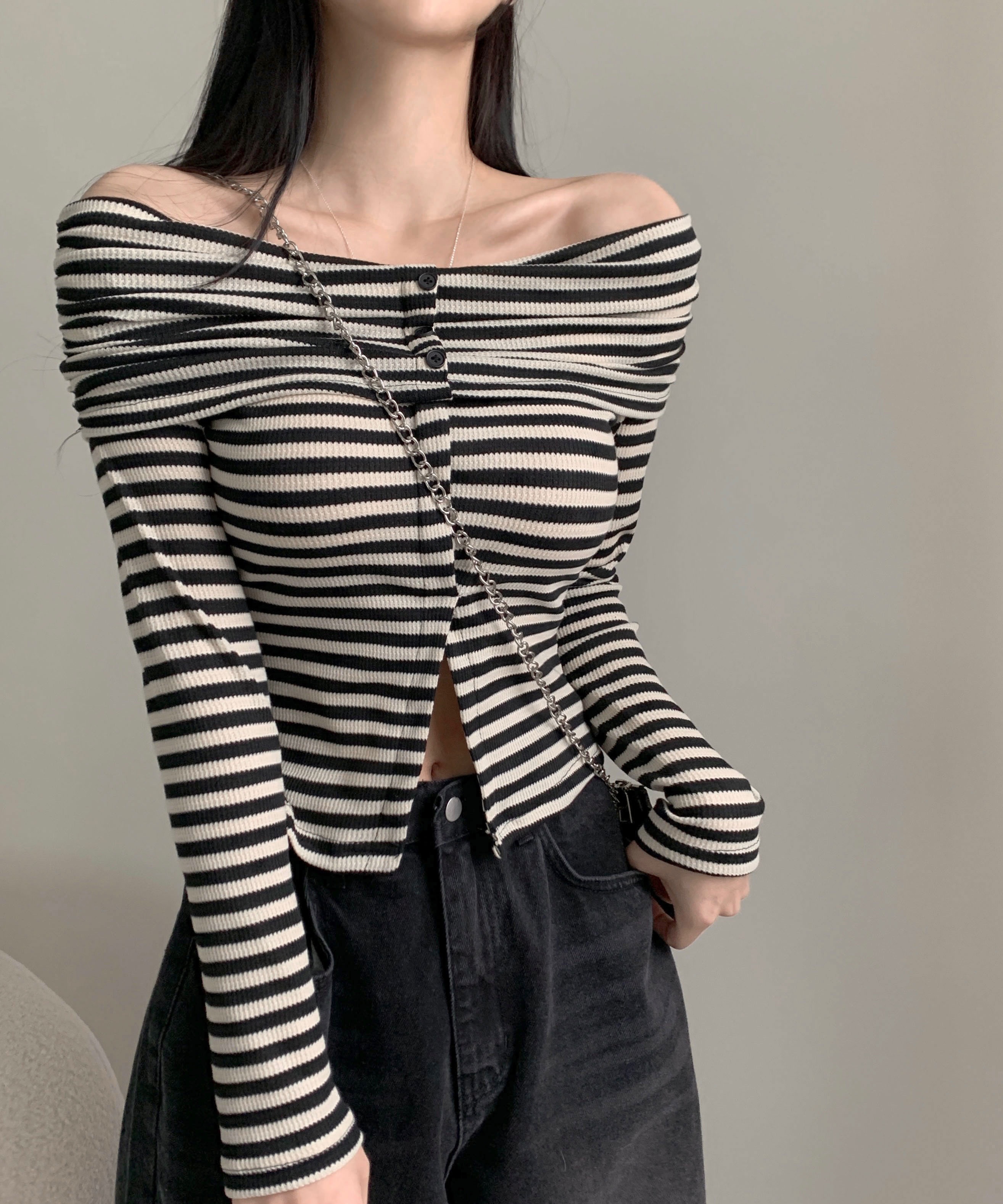 d.i.aオフショルダー長袖ストライプトップス VIS ブラウス シャツ 「防シワ」ラメミックスオフショルダー風