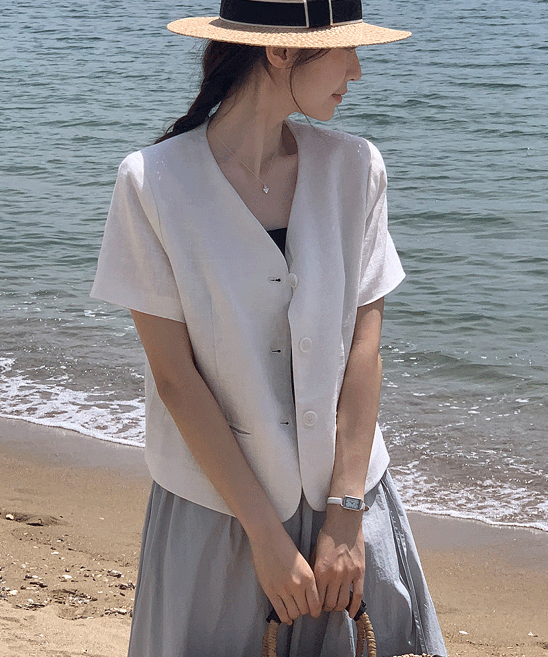 original/S-XL]リネンノーカラー半袖ジャケット | ファッション
