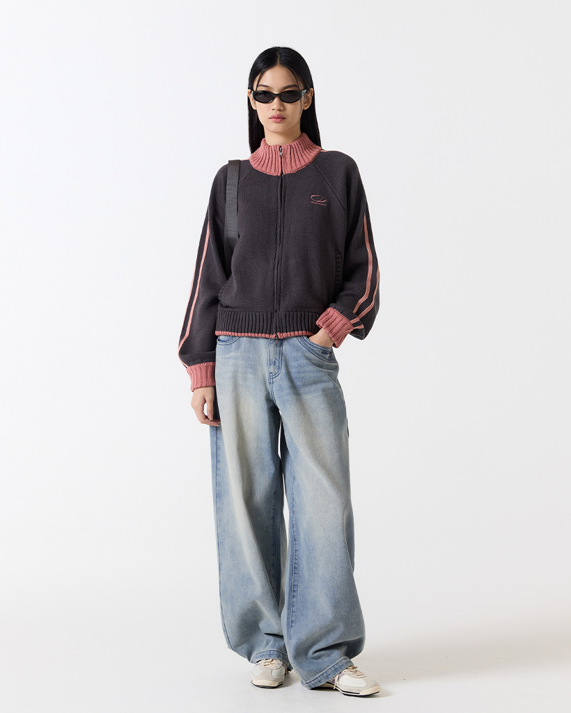 Sporty Track Semi Crop Knit Zip-Up - CHARCOAL | ファッション