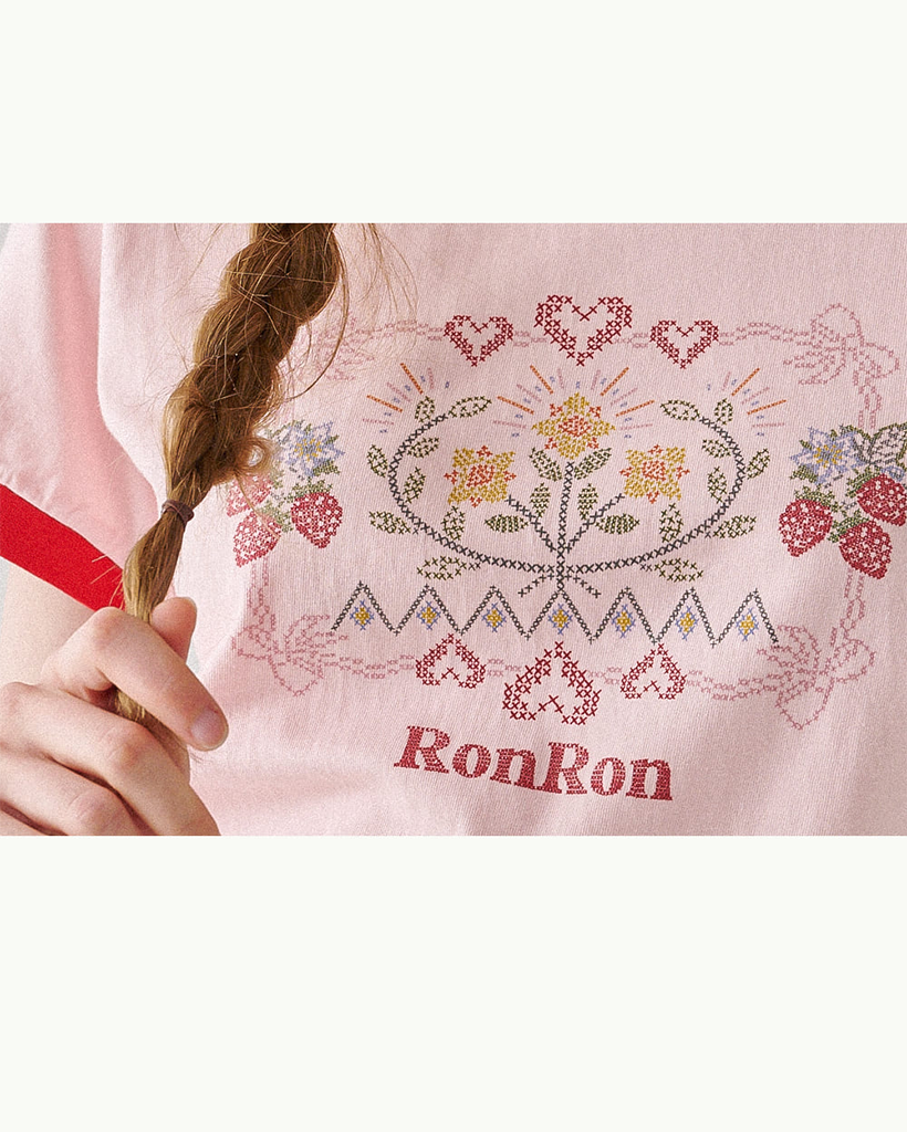CROSS STITCH RASPBERRY RINGER T SHIRT PINK RED